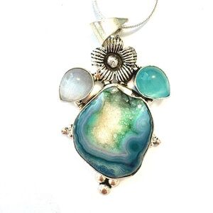 Natural, 2 inch, silver, Willow Leaf Chrysocolla pendant on a silver chain .